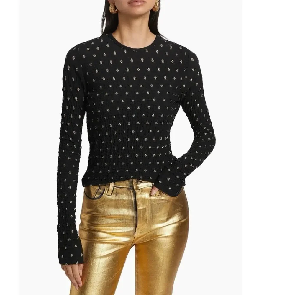 Women’s Frame Dotted Stretch Mesh Top in Black SZ XS